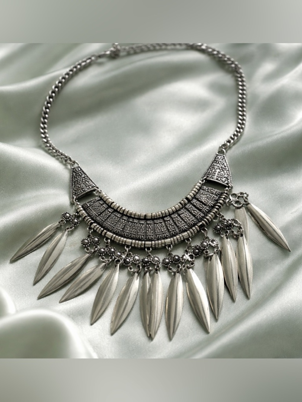 Boho Tribal Statement Collar Necklace - Silver Tone